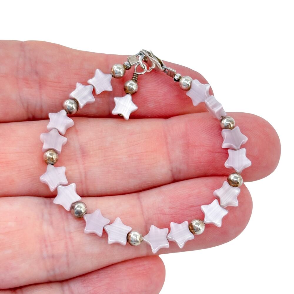 Child's Vintage Sterling Silver 925 Purple Mother of Pearl Star Bracelet 5.5"